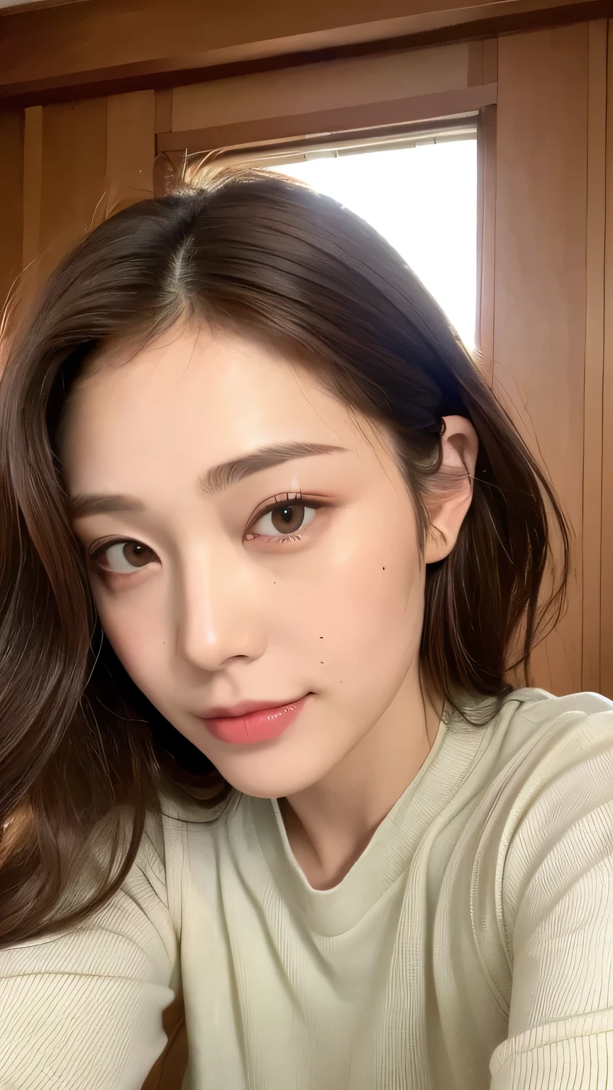 ((highest quality, 8k, masterpiece: 1.3)), 1 female, Japanese Mature,Sensual beauty: 1.3, (Hair style Brown hair Medium wave, big: 1.2), Relaxed loungewear: 1.1, Super slender face, Delicate eyes, double eyelid, Dimples,Mole, Home,relax,smile,Purple eye color,