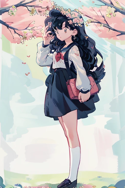 1girl, bird, long hair, outdoors, solo, blue eyes, pink flower, flower, black footwear, day,  petals, bag, stairs, long sleeves, white socks, shoes, sky, bangs, cherry blossoms, sailor collar, hair flower, blue sky, standing, bow, tree, 1girl, cute, stars, clouds, (golden fishes, Pisces), masterpiece, best quality, masterpiece, best quality, cute, under tall trees, trees, streams of light, kagome