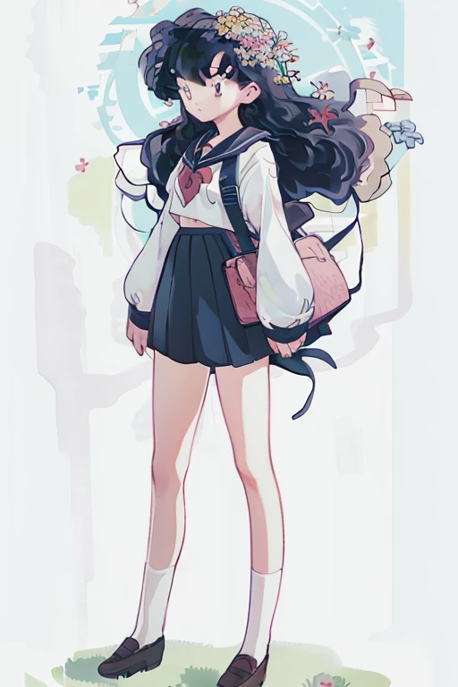 1girl, bird, long hair, outdoors, solo, blue eyes, pink flower, flower, black footwear, day,  petals, bag, stairs, long sleeves, white socks, shoes, sky, bangs, cherry blossoms, sailor collar, hair flower, blue sky, standing, bow, tree, 1girl, cute, stars, clouds, (golden fishes, Pisces), masterpiece, best quality, masterpiece, best quality, cute, under tall trees, trees, streams of light, kagome