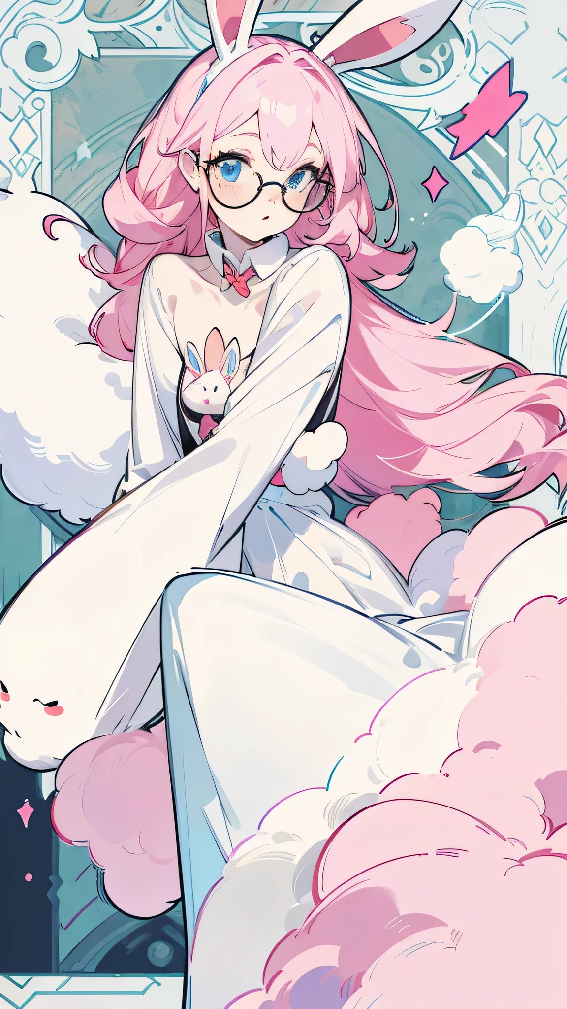 Cute bunny girl, pink hair, wearing glasses, blue eyes, pale skin, masterpiece, high quality, beautiful