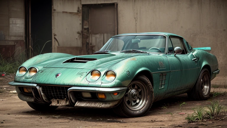Abandoned carros Corvette , metal enferrujado escuro, danificado (quebrado,naufragado) carros, weeds are growing