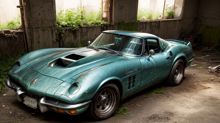 Abandoned carros Corvette , metal enferrujado escuro, danificado (quebrado,naufragado) carros, weeds are growing