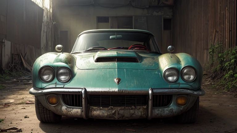 Abandoned carros Corvette , metal enferrujado escuro, danificado (quebrado,naufragado) carros, weeds are growing