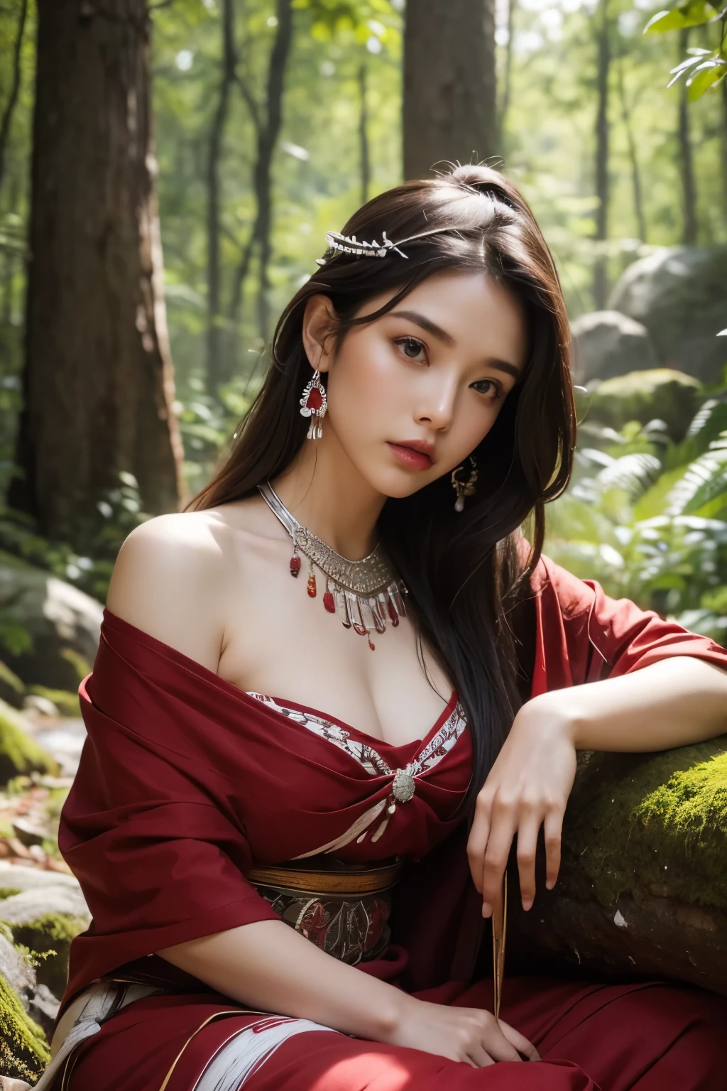 Background and model as is, Beautiful woman sitting quietly on a rock under a large tree in the forest, Dressed in red and white shaman clothes, magazine pose, (Highly detailed facial expressions),