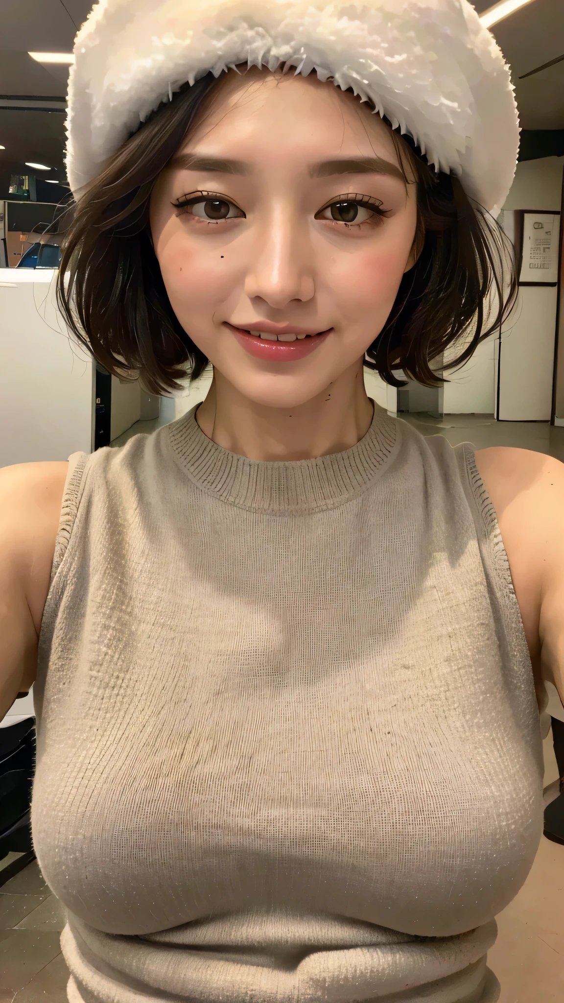 ((highest quality, 8k, masterpiece: 1.3)), Sharp focus: 1.2, Beautiful woman with perfect figure: 1.4, Slim Abs: 1.2, Short Bob, Knitted dress, Sleeveless, Thick upper arms, street: 1.2, Wet body: 1.1, Highly detailed face and skin texture, Beautiful Eyes, double eyelid, big, smile,