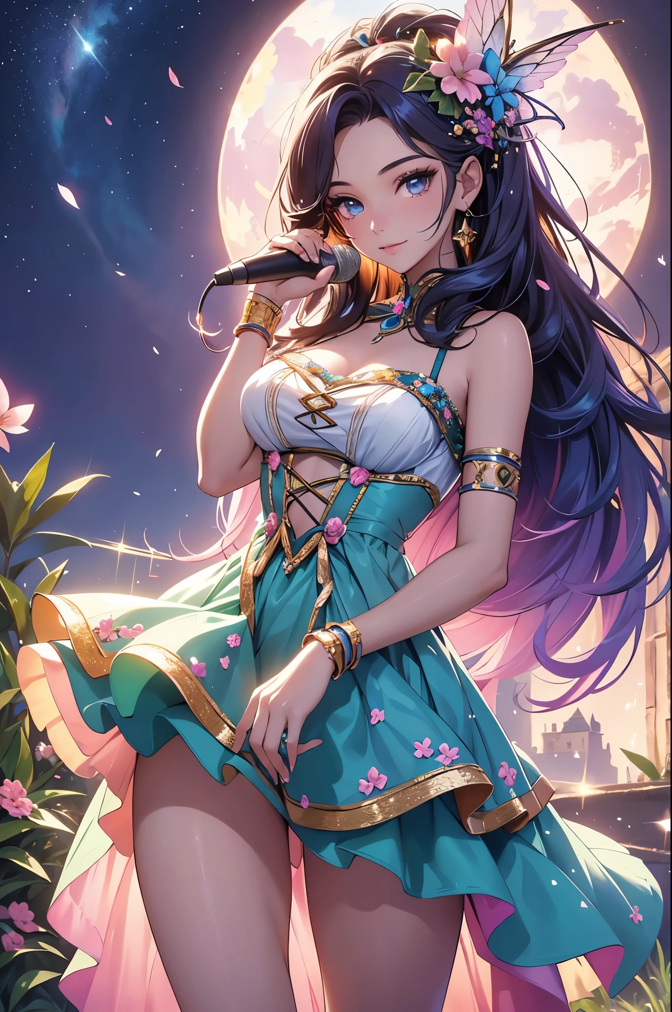 (best quality,4k,8k,highres,masterpiece:1.2),ultra-detailed,(realistic,photorealistic,photo-realistic:1.37),acrylic painting,beautiful Brazilian model in a ta dress with downy hair,beautiful Brazilian model with extremely colorful hair and detailed facial features,beautiful Brazilian model standing in a beautiful garden surrounded by a starry sky,beautiful Brazilian model wearing a vibrant Loliress,beautiful Brazilian model with intricate accessories and a matching hat,beautiful Brazilian model posing gracefully with her hands on her hips,beautiful Brazilian model with long flowing twintails,beautiful Brazilian model with bright blue eyes and rosy lips,beautiful Brazilian model with a joyful expression,beautiful Brazilian model in a dynamic pose with cherry blossoms falling around her,beautiful Brazilian model surrounded by colorful flowers and butterflies,beautiful Brazilian model's dress adorned with cute bows and lace details,beautiful Brazilian model with an enchanting smile,beautiful Brazilian model with soft, pastel-colored shading,beautiful Brazilian model with a magical glow illuminating her,beautiful Brazilian model in a picturesque setting with a winding path leading to a magnificent castle,beautiful Brazilian model holding a microphone and singing passionately,beautiful Brazilian model with a fairytale-like background,beautiful Brazilian model with a soft, dreamy atmosphere,beautiful Brazilian model with a subtle bokeh effect,beautiful Brazilian model standing under a moonlit sky,beautiful Brazilian model with a warm, golden sunset in the background,beautiful Brazilian model surrounded by twinkling stars and colorful nebulae,creating an ethereal and captivating artistic masterpiece.