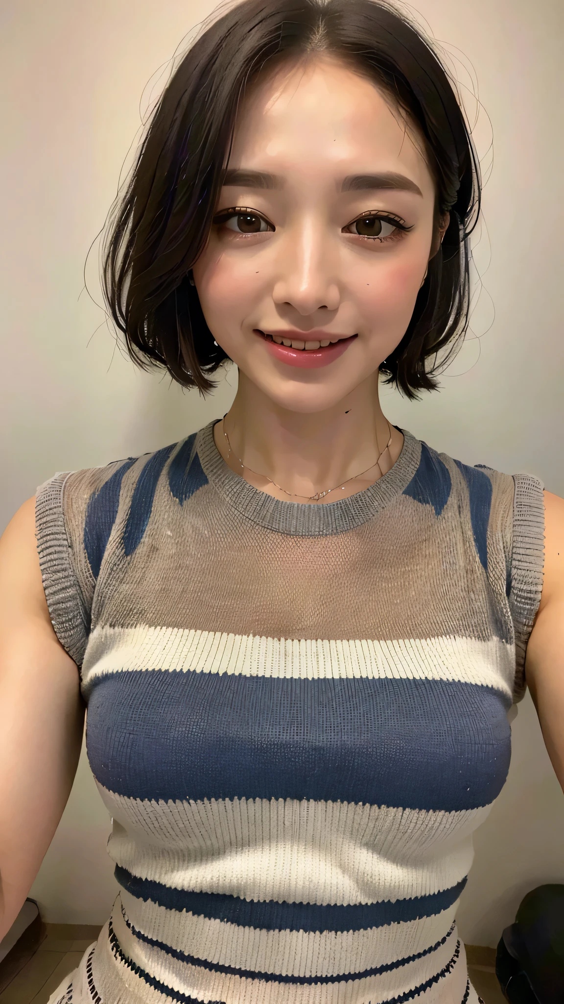 ((highest quality, 8k, masterpiece: 1.3)), Sharp focus: 1.2, Beautiful woman with perfect figure: 1.4, Slim Abs: 1.2, Short Bob, Knitted dress, Sleeveless, Thick upper arms, street: 1.2, Wet body: 1.1, Highly detailed face and skin texture, Beautiful Eyes, double eyelid, big, smile,