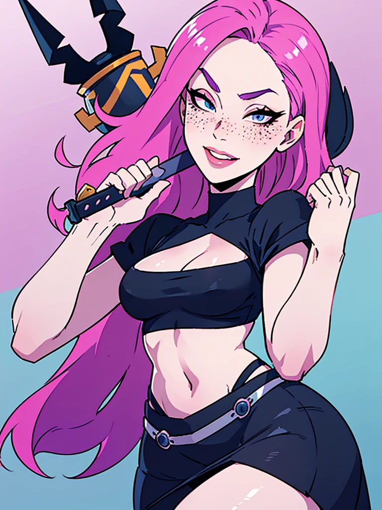 
Masterpiece, best quality, womanly, excited expression, portrait, pink hair, pale skin, happy eyes, black tabled skirt, pink full lips, white crop top, freckles,  hair, urban setting, small waist big hips, fit, body goal, bigboob sensual sexy girl, brawlstars character, with a sword