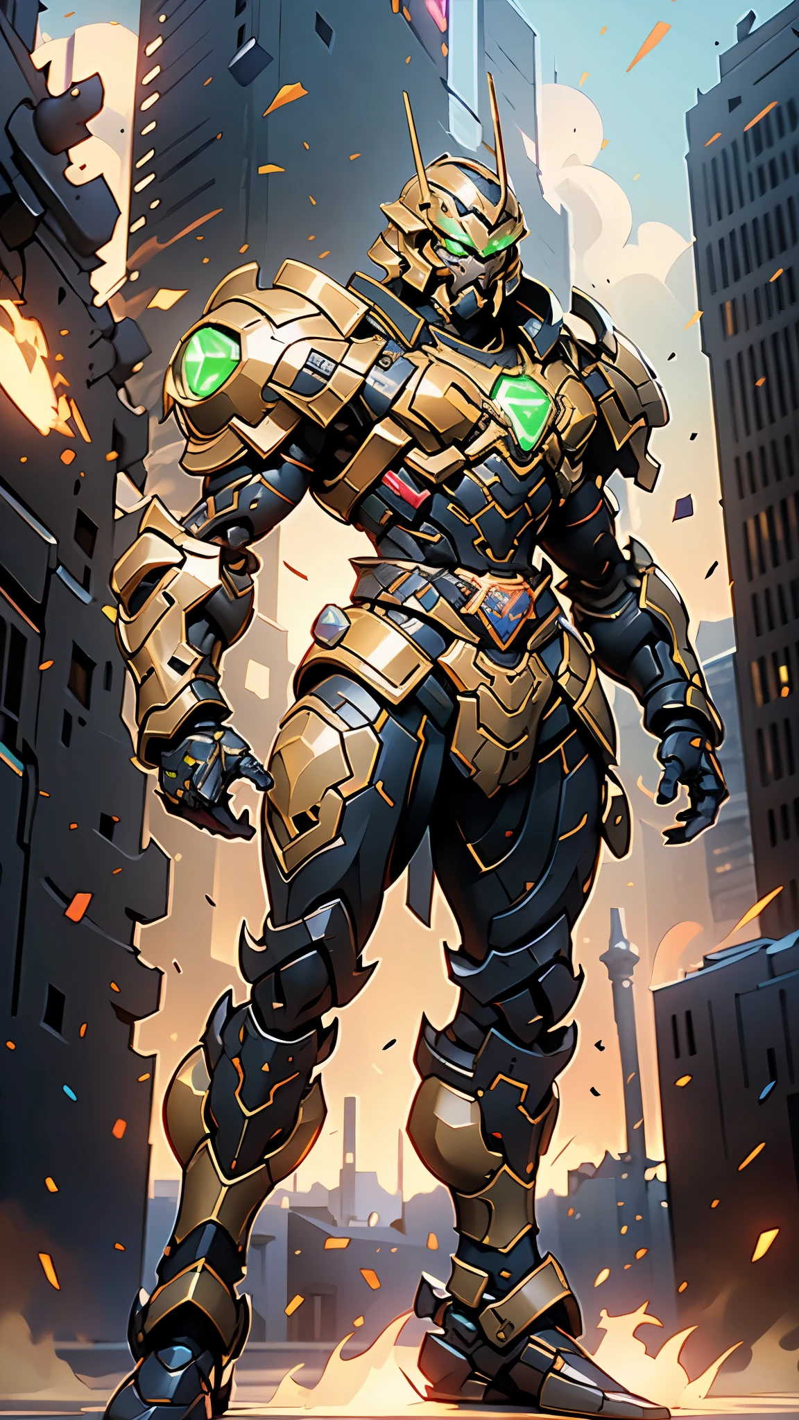 A man wearing a full-face helmet, a fantasy-style biotech armored combat suit, green eyes, (a composite layered chest armor), fully enclosed shoulder guards, matching arm and leg guards, the belt is adorned with fangs biting into gem, (the color scheme is primarily black with red accents), the design balances heavy with agility, a high-tech bio-mecha armor, (Armor Concept Inspired by Godzilla, stand on the top of a skyscraper in a futuristic sci-fi city), this character embodies a finely crafted fantasy-surreal style armored hero in anime style, exquisite and mature manga art style, (element, plasma, energy, the armor glows), ((male:1.5)), metallic, real texture material, dramatic, high definition, best quality, highres, ultra-detailed, ultra-fine painting, extremely delicate, professional, perfect body proportions, golden ratio, anatomically correct, symmetrical face, extremely detailed eyes and face, high quality eyes, creativity, RAW photo, UHD, 32k, Natural light, cinematic lighting, masterpiece-anatomy-perfect, masterpiece:1.5