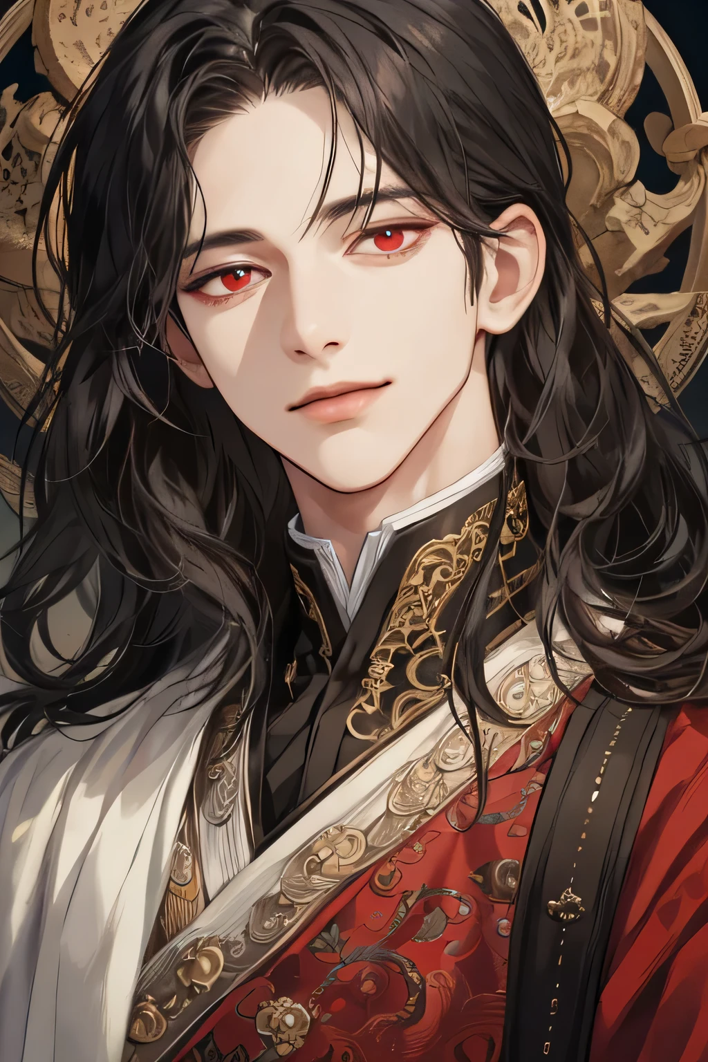 (extreamly delicate and beautiful:1.2), 8K,(masterpiece:1.0),(best_quality:1.0), 1 boy, and intricate detailing, Enlarged textures, and intricate detailing, finely eye and detailed face, and intricate detailing, shiraga, black long hair, (closed mouths), Perfect eyes, Equal eyes, eyes smile, red eyes (A male god) with (masterpiece), best quality,