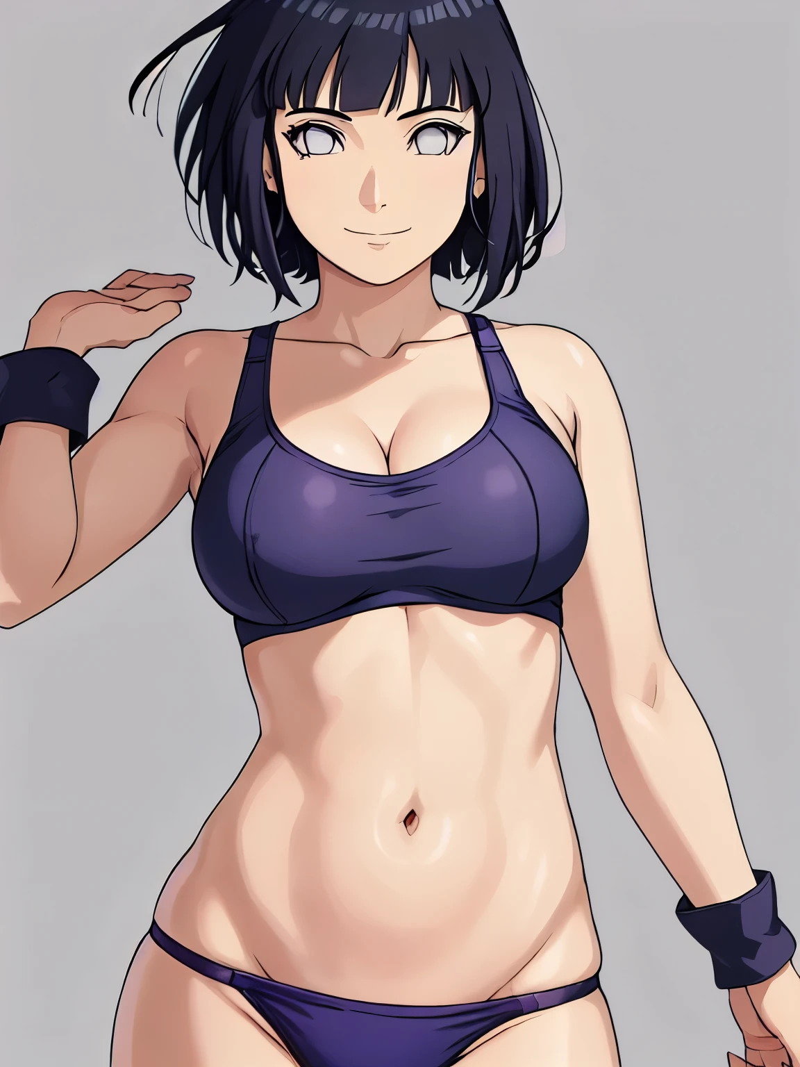 (hinata\(boruto\), (high quality, anime, cowboy shot), ((wrestling gear: red plain bra for wrestling, black tight armband, black thong for wrestling)), ((slender woman, off-shoulders, (long belly), thick arms, super detailed body, smile)), ((stretching, one arm up)), (medium-big breasts, cleavage), closed mouth), tan skin, ((floating hair, dark blue, short hair, hime cut، loose hair), (background: simple white background only), (background: simple white background only, windy), (background: simple white background only)
