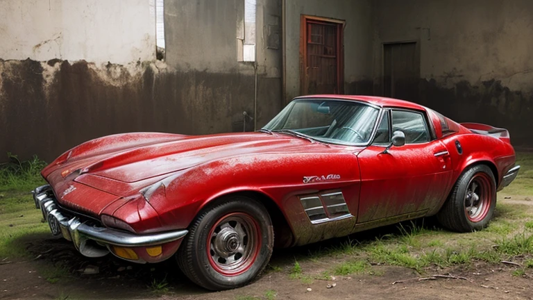 Abandoned carros Corvette vermelho , ((metal enferrujado escuro, danificado)) (quebrado,naufragado) carros, weeds are growing