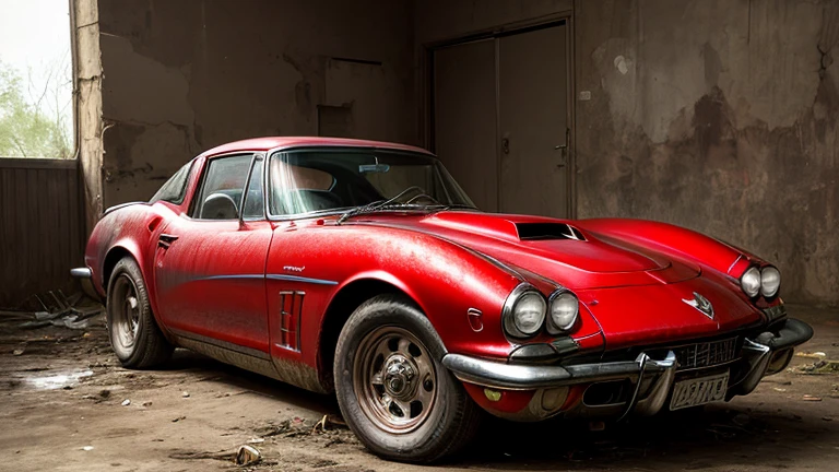 Abandoned carros Corvette vermelho , ((metal enferrujado escuro, danificado)) (quebrado,naufragado) carros, weeds are growing