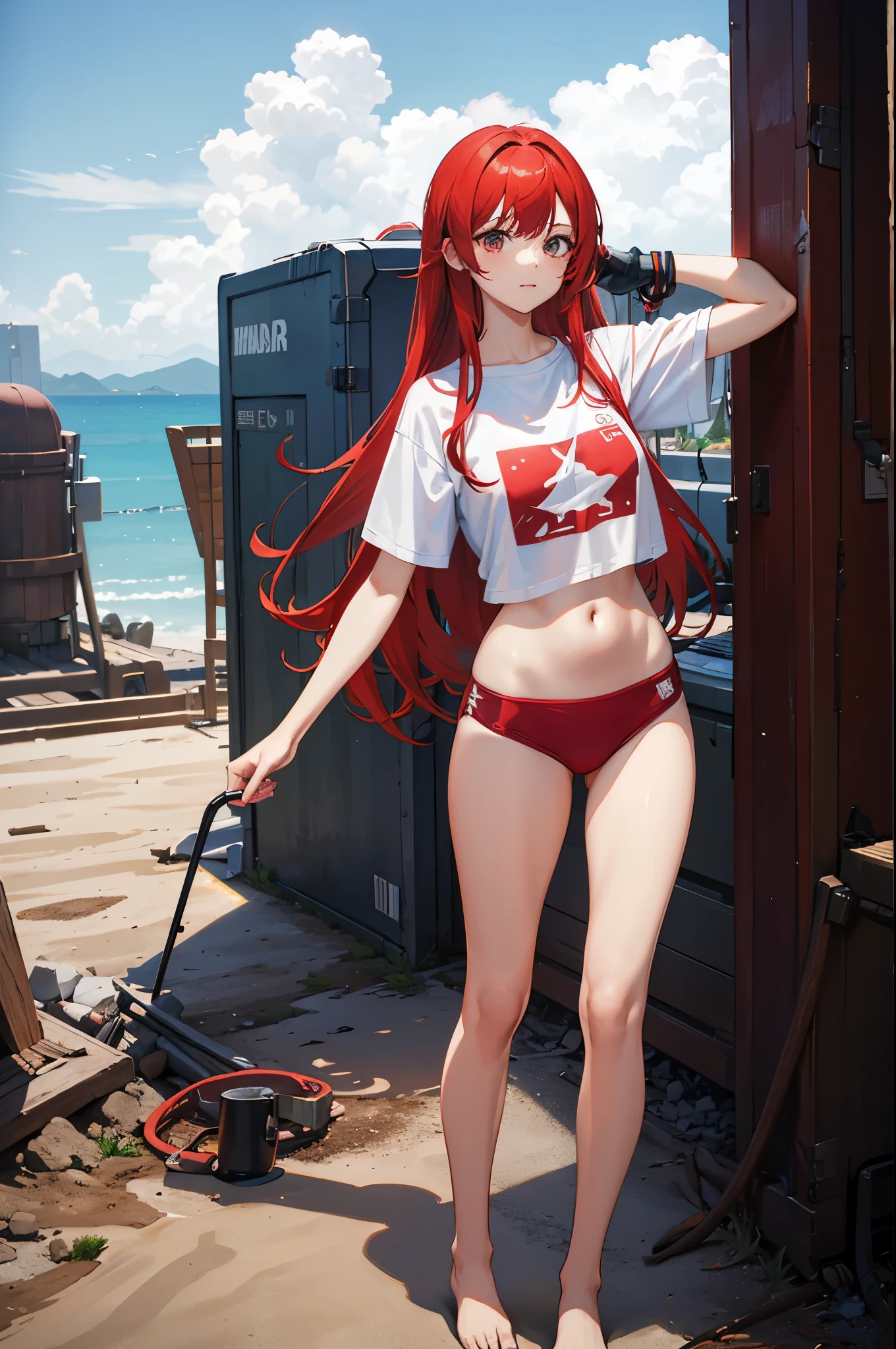 1woman, red hair, long hair, t-shirt, bikini bottom, standing on ground, high res, ultra sharp, 8K, masterpiece