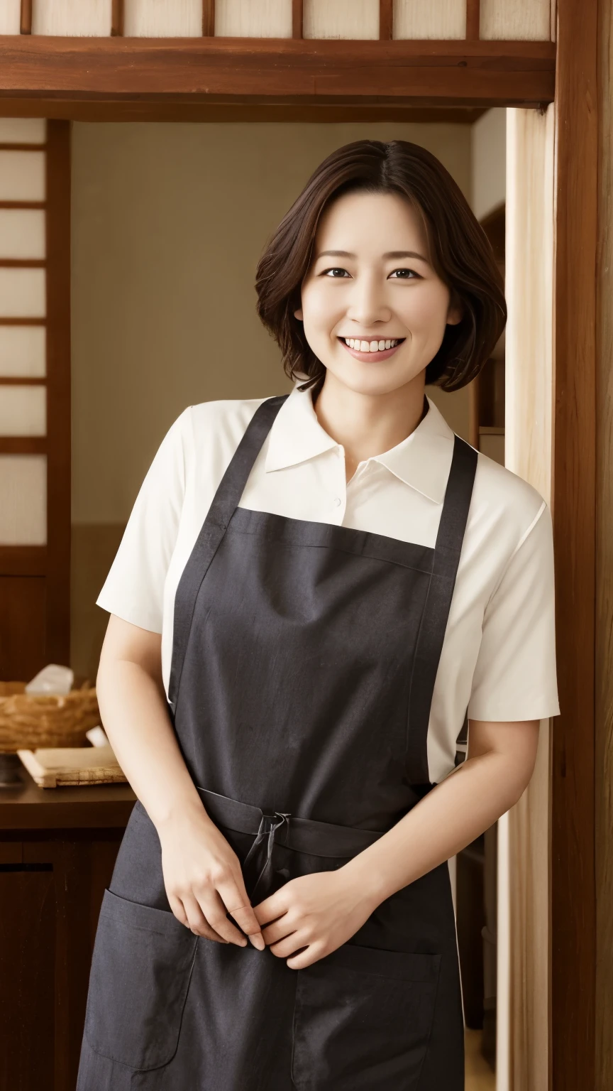 portrait、8K、high quality、realistic photo images、39 years old、japanese woman、proper wife、young proprietress of an inn、Reproduces natural and realistic eyes、Japanese Stand、、Beautiful black hair、short hair、short hair、light makeup、octane rendering、Japanese-style inn、Welcome customers、welcome、、4k、High level image quality、realistic photo images、japanese woman、45 years old、Pure Japanese humanity、beautiful wife、Upper body、beautiful bust、
A Kind Mother、Smiling 、Inside the house、Apron appearance