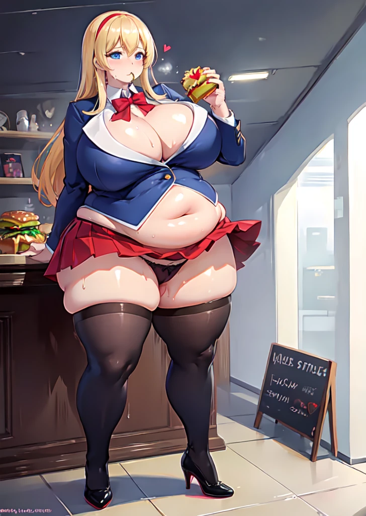 High quality, full body photo of a beautiful sexy secretary wearing extremely short skirt and seamed stockings, ((solo)), adult, high heels, craves sex, sweaty, eating at McDonalds, beautiful face, stunning blue eyes, massive painfully overstuffed bloated distended bulging heavy obese belly, panties visible under skirt, revealing skirt, shes binge eating, weight gain, very wide fat hips, fat thick thighs, massive wide fat round heart shaped shelf bubble butt, massive fat heavy breasts, very deep cleavage, tight uniform,