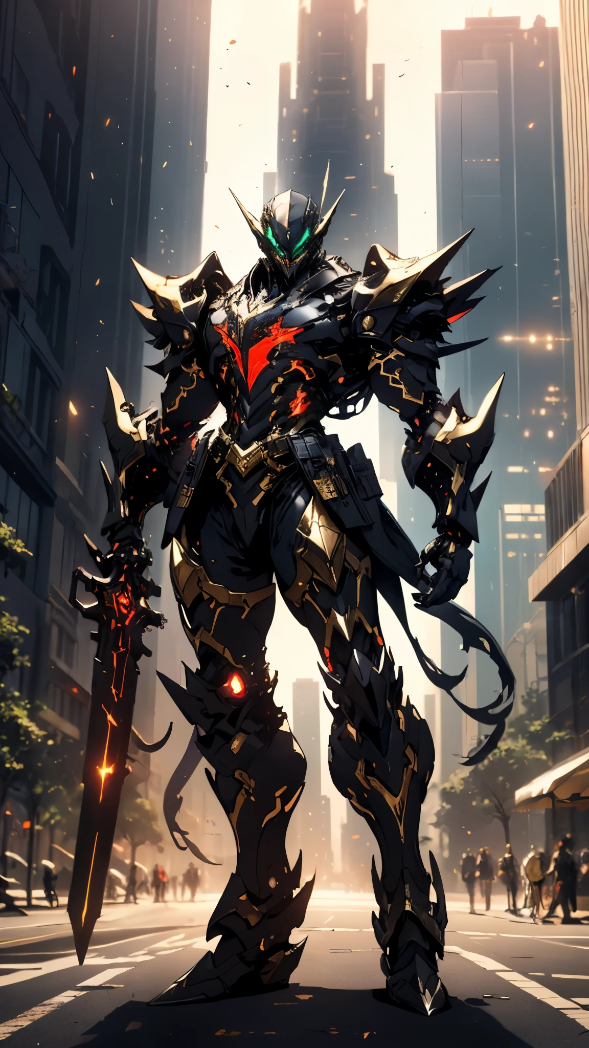 A man wearing a full-face helmet, a fantasy-style biotech armored combat suit, green eyes, (a composite layered chest armor), fully enclosed shoulder guards, matching arm and leg guards, the belt is adorned with fangs biting into gem, (the color scheme is primarily black with red accents), the design balances heavy with agility, a high-tech bio-mecha armor, (Armor Concept Inspired by Godzilla, stand on the top of a skyscraper in a futuristic sci-fi city), this character embodies a finely crafted fantasy-surreal style armored hero in anime style, exquisite and mature manga art style, (element, plasma, energy, the armor glows), ((male:1.5)), metallic, real texture material, dramatic, high definition, best quality, highres, ultra-detailed, ultra-fine painting, extremely delicate, professional, perfect body proportions, golden ratio, anatomically correct, symmetrical face, extremely detailed eyes and face, high quality eyes, creativity, RAW photo, UHD, 32k, Natural light, cinematic lighting, masterpiece-anatomy-perfect, masterpiece:1.5