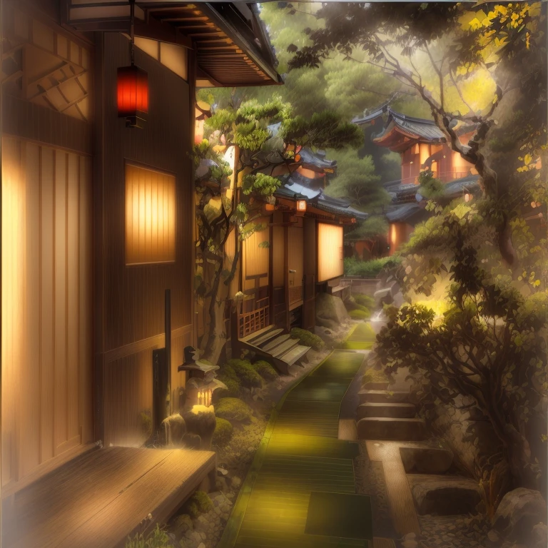 There is a walkway leading to a building with benches., Ryokan and Edo period house, Japanese style, Inspired by Kyoto, inspired by Tōshi Yoshida, Japanese House, Lush Japanese landscape, Luxury hot spring, Japanese Village, Inspired by Sesshu Toyo, Japanese architecture, Kyoto Japan Setting, ancient Japanese architecture