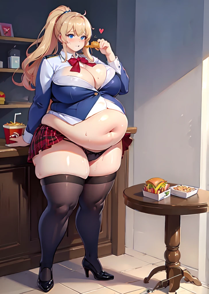 High quality, full body photo of a beautiful sexy secretary wearing extremely short skirt and seamed stockings, ((solo)), adult, high heels, craves sex, sweaty, eating at McDonalds, beautiful face, stunning blue eyes, massive painfully overstuffed bloated distended bulging heavy obese belly, panties visible under skirt, revealing skirt, shes binge eating, weight gain, very wide fat hips, fat thick thighs, massive wide fat round heart shaped shelf bubble butt, massive fat heavy breasts, very deep cleavage, tight uniform,