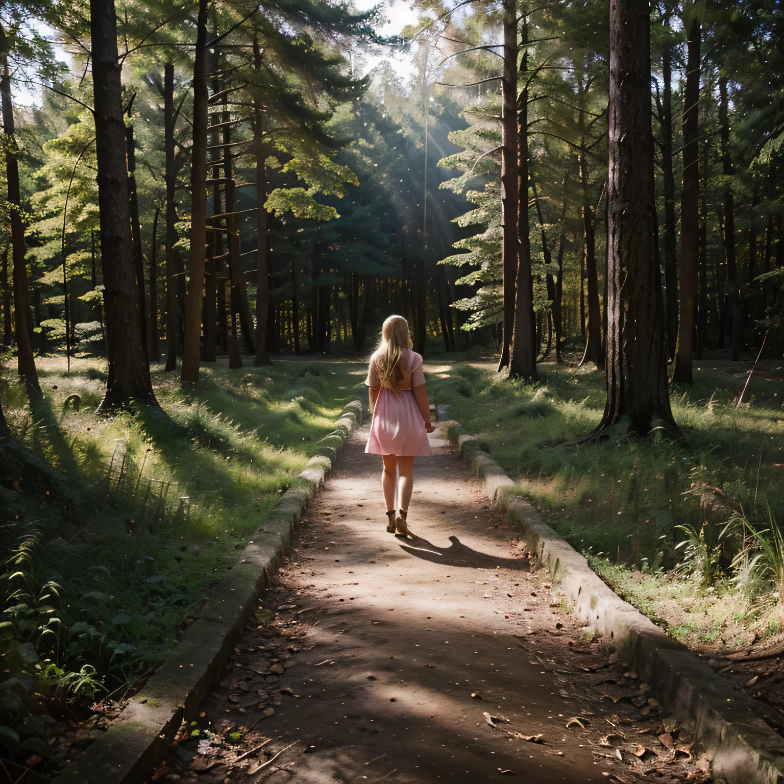 Path in the forest with sun rays, blonde girl in pink dress 