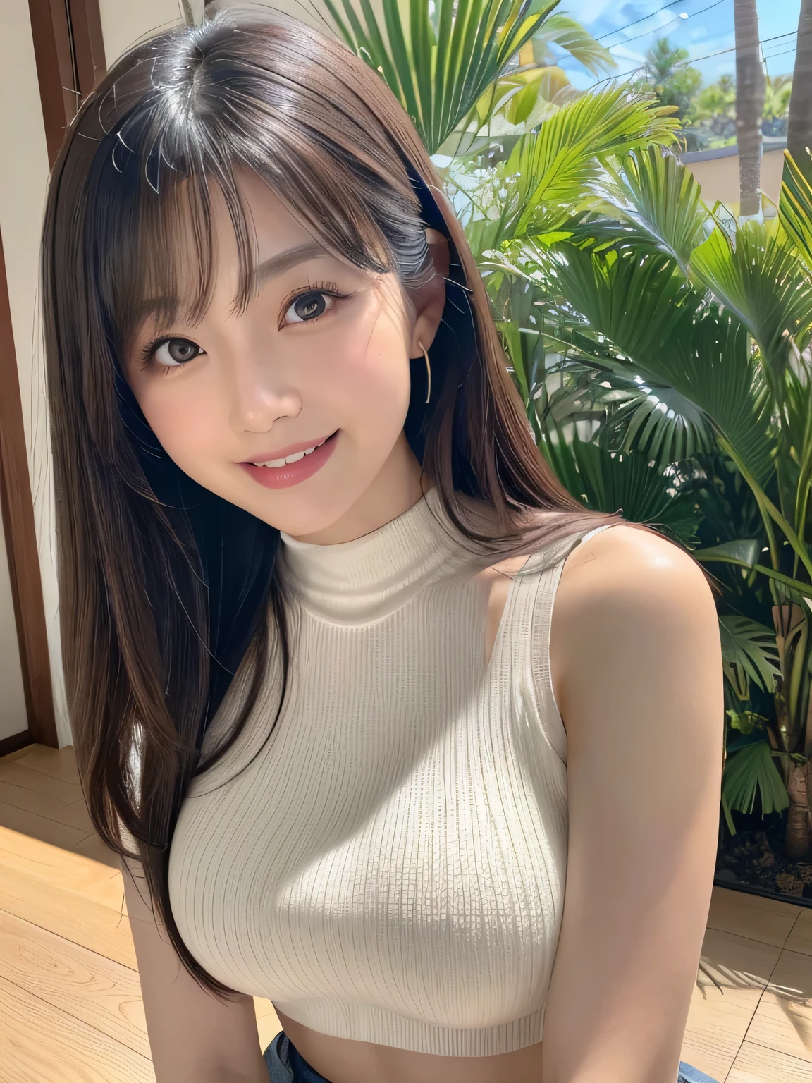 Tabletop, highest quality, Photorealistic, In detail, High resolution, 8k wallpaper, Perfect dynamic composition, Beautiful fine details, Medium Hair, Big ample breasts, Random sexy poses,Put your chest together、(Mock Neck Crop Tank Top White Knitwear Clear Crabbe)、(Breast Swelling 1.2)、Laughter、Open your mouth、Resort scenery、Age 25、(Droopy Eyes 1.4)、Adult Beauty、Japanese