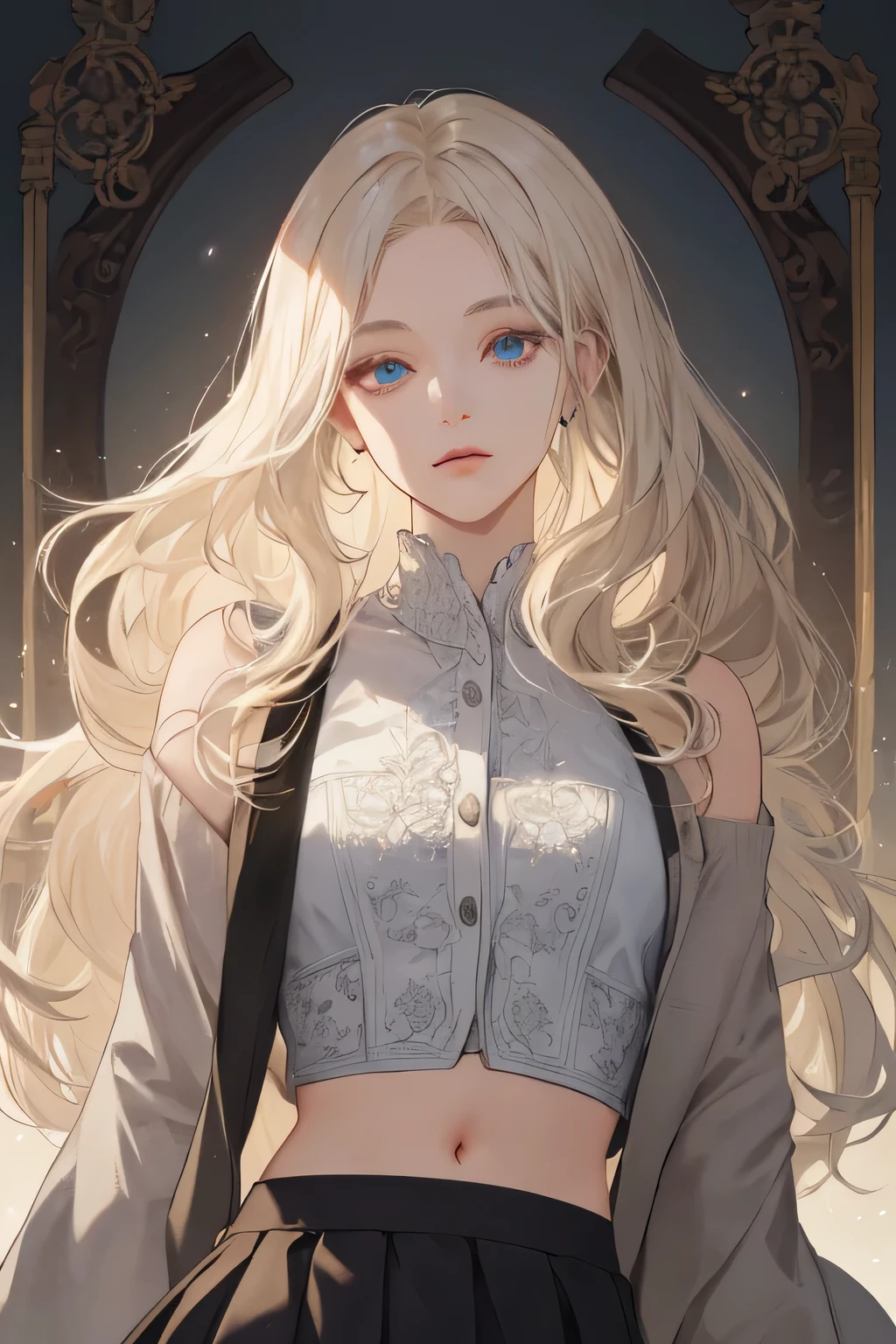 (extreamly delicate and beautiful:1.2), 8K,(masterpiece:1.0),(best_quality:1.0), 1 girl, and intricate detailing, Enlarged textures, and intricate detailing, finely eye and detailed face, and intricate detailing, shiraga, platinum blonde curls long hair, (closed mouths), Perfect eyes, Equal eyes, carolina eyes (A famale god) with crop top modern, cardigan modern with short skirt, carolina eyes perfect