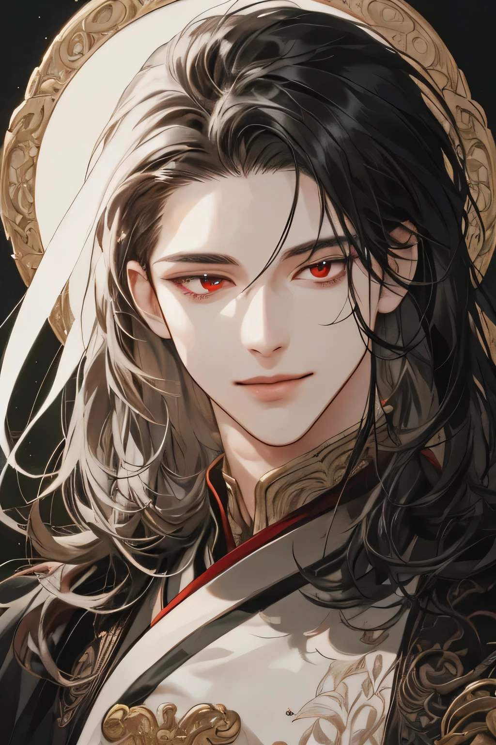 (extreamly delicate and beautiful:1.2), 8K,(masterpiece:1.0),(best_quality:1.0), 1 boy, and intricate detailing, Enlarged textures, and intricate detailing, finely eye and detailed face, and intricate detailing, shiraga, black long hair, (closed mouths), Perfect eyes, Equal eyes, eyes smile, red eyes (A male god) with (masterpiece), best quality,