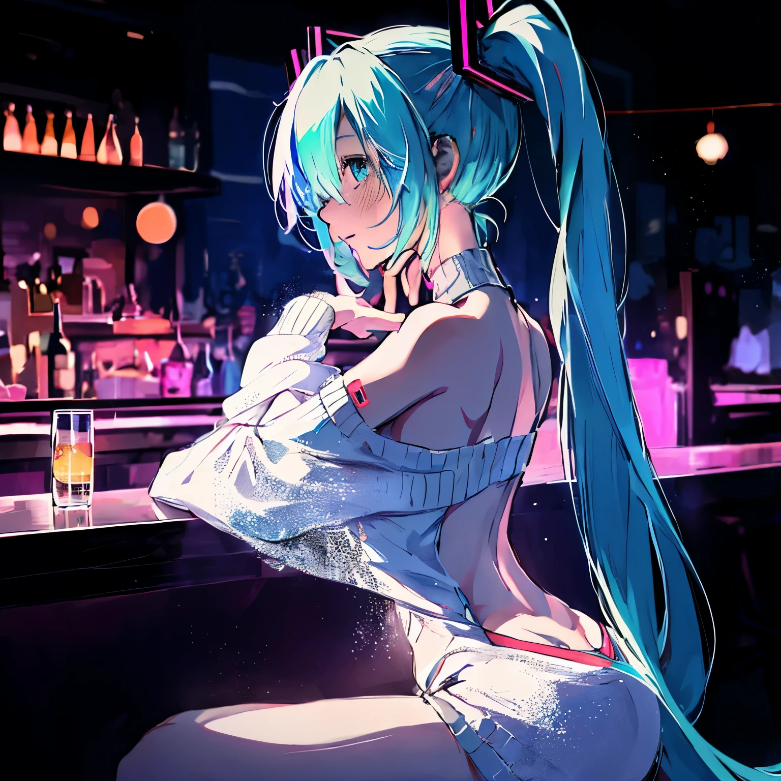 hatsune miku, lost half-closed eye,visibly drunk,shoulder cut sleveless sweater with neck collar, side body,,large back cutout,front and back,hourglass dark room with coloful lights in the background,sitting on a bar,anime big eyes,anime face,anime body,long exposure,detailed background,(masterpiece), (best quality), (detailed),detailed face and Clothing,looking sexy,sexy pose,erotic,teasing,