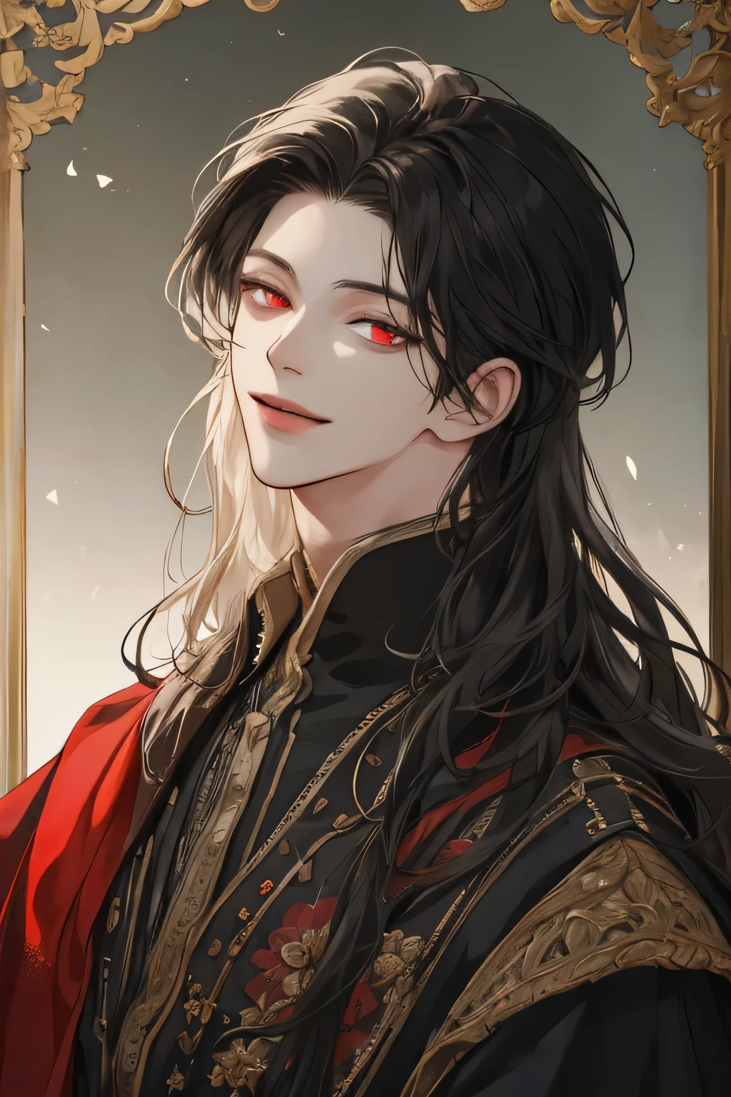 (extreamly delicate and beautiful:1.2), 8K,(masterpiece:1.0),(best_quality:1.0), 1 boy, and intricate detailing, Enlarged textures, and intricate detailing, finely eye and detailed face, and intricate detailing, shiraga, black long hair, (closed mouths), Perfect eyes, Equal eyes, eyes smile, red eyes (A male god) with (masterpiece), best quality,
