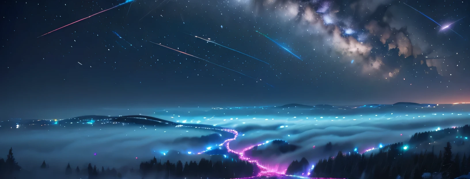 (best quality,highres),star-studded night sky,cosmic dance of vibrant neon colors,interconnected gears merging into floral patterns,translucent layers of mist or fog,depth and mystery, evoke a sense of wonder and imagination