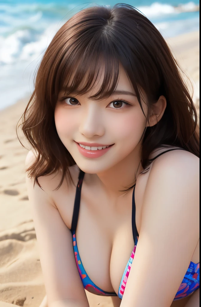 (realistic:1.4), (best quality:1.4), ultra-high resolution, fine-grained, full-body shot, (pose for a gravure shoot), a young woman, (well-endowed), black wavy hair, (cute patterned small bikini), large eyes, blushing face, (smiling), extremely detailed facial features and skin texture, healthy complexion, (beach), 8K resolution