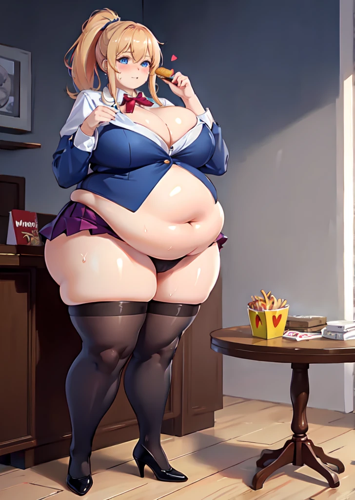 High quality, full body photo of a beautiful sexy secretary wearing extremely short skirt and seamed stockings, ((solo)), adult, high heels, craves sex, sweaty, eating at McDonalds, beautiful face, stunning blue eyes, massive painfully overstuffed bloated distended bulging heavy obese belly, panties visible under skirt, revealing skirt, shes binge eating, weight gain, very wide fat hips, fat thick thighs, massive wide fat round heart shaped shelf bubble butt, massive fat heavy breasts, very deep cleavage, tight uniform, belly so full it hurts, shes so fat she can barely stand, shes so full she can barely stand,