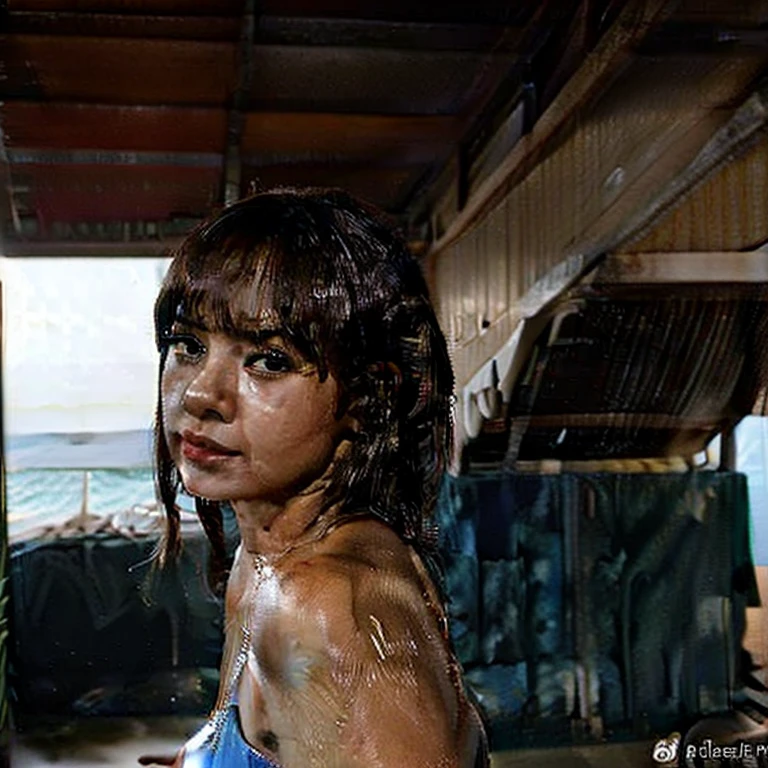 A cute woman in a tiny bikini showers after swimming in the sea, small beach side stall. she knows she is being watched and is not shy