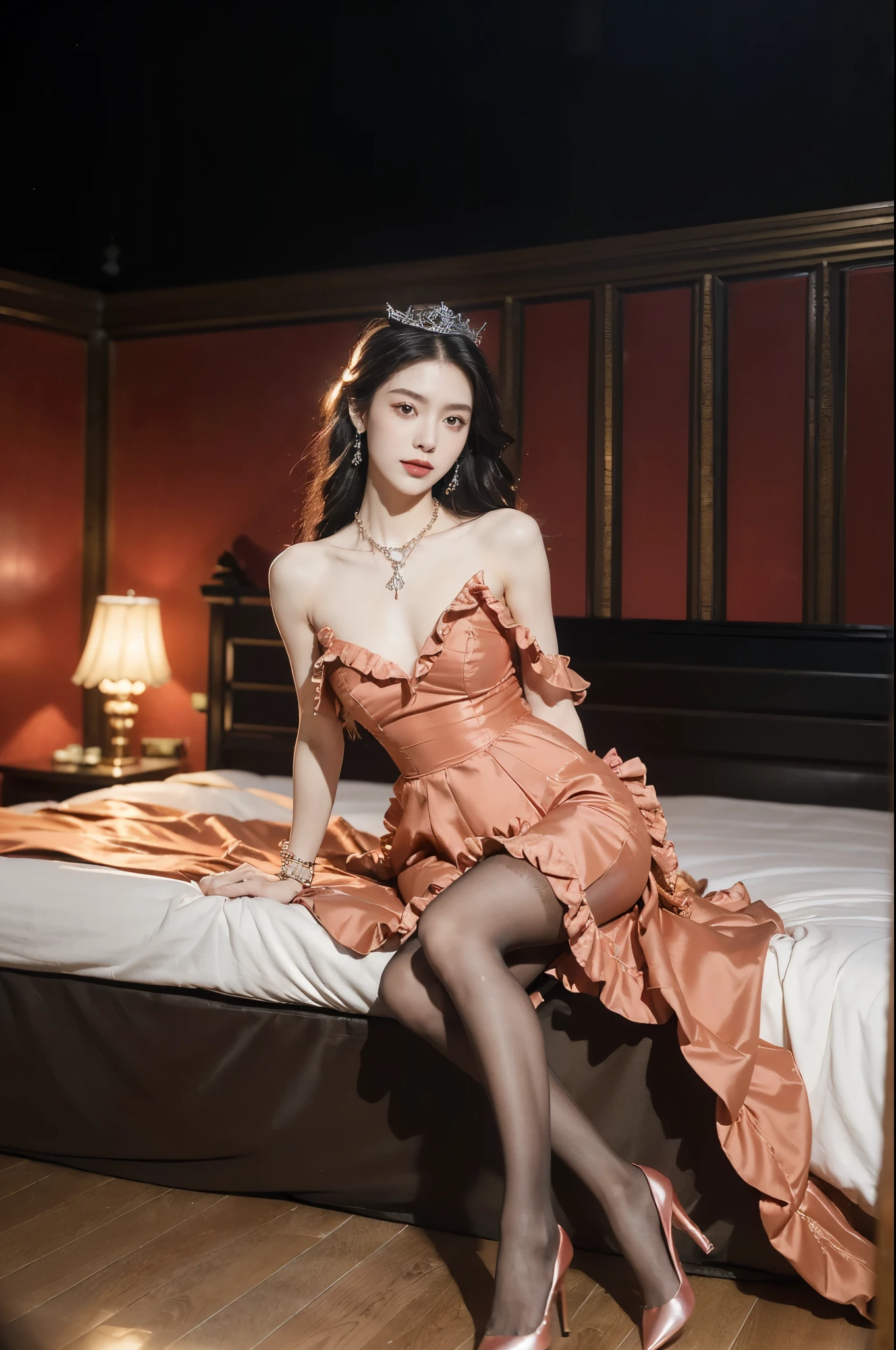 (Extremely meticulous CG),(((8k))),wallpaper,(Portrait above the chest:1.3),((Extremely refined and beautiful)),(((Masterpiece))),(((best qualtiy))),(((Ultra High Resolution))),beautiful light up,realistic shaded,(Smooth and flawless fair skin:1.5),(Extremely exquisite facial details:1.2),(ultra-detailed:1.5),((a beautiful girl,solo)),(shoulder length straight bob hair:1.3),(small head:1.2),(princess crown:1.2),(slender face:1.2),(Exquisite makeup:1.3),(smiling:1.2),(laughing:1.2),(blush:1.3),(perfect body:1.2),(earrings:1.2),(crystal necklace:1.3),(Bracelet:1.2),(Gorgeous red Gothic ruffled evening dress:1.5),((slim,thin)),(small breasts:1.2),(flat chests:1.2),(slender legs:1.2),(nude pantyhose:1.5),(high heels:1.3),(from front:1.3),(Sitting on the edge of the bed:1.3),(arms behind back:1.3),(In a luxurious hotel bedroom:1.5),(Extremely luxurious decoration:1.5),(warm neon lights:1.3),(indoor:1.2),(Cyberpunk style:1.3),(detailed background:1.5),(night scene:1.5),(full body:1.3),