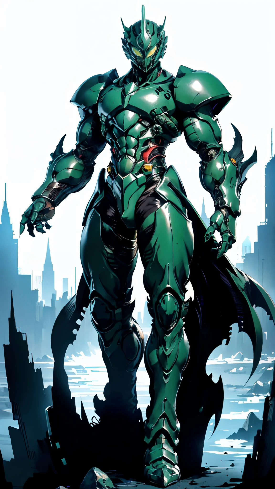 A man wearing a full-face helmet, a fantasy-style biotech armored combat suit, green eyes, (a composite layered chest armor), fully enclosed shoulder guards, matching arm and leg guards, the belt is adorned with fangs biting into gem, (the color scheme is primarily black with red accents), the design balances heavy with agility, a high-tech bio-mecha armor, (Armor Concept Inspired by Godzilla, stand on the top of a skyscraper in a futuristic sci-fi city), this character embodies a finely crafted fantasy-surreal style armored hero in anime style, exquisite and mature manga art style, (element, plasma, energy, the armor glows), ((male:1.5)), metallic, real texture material, dramatic, high definition, best quality, highres, ultra-detailed, ultra-fine painting, extremely delicate, professional, perfect body proportions, golden ratio, anatomically correct, symmetrical face, extremely detailed eyes and face, high quality eyes, creativity, RAW photo, UHD, 32k, Natural light, cinematic lighting, masterpiece-anatomy-perfect, masterpiece:1.5