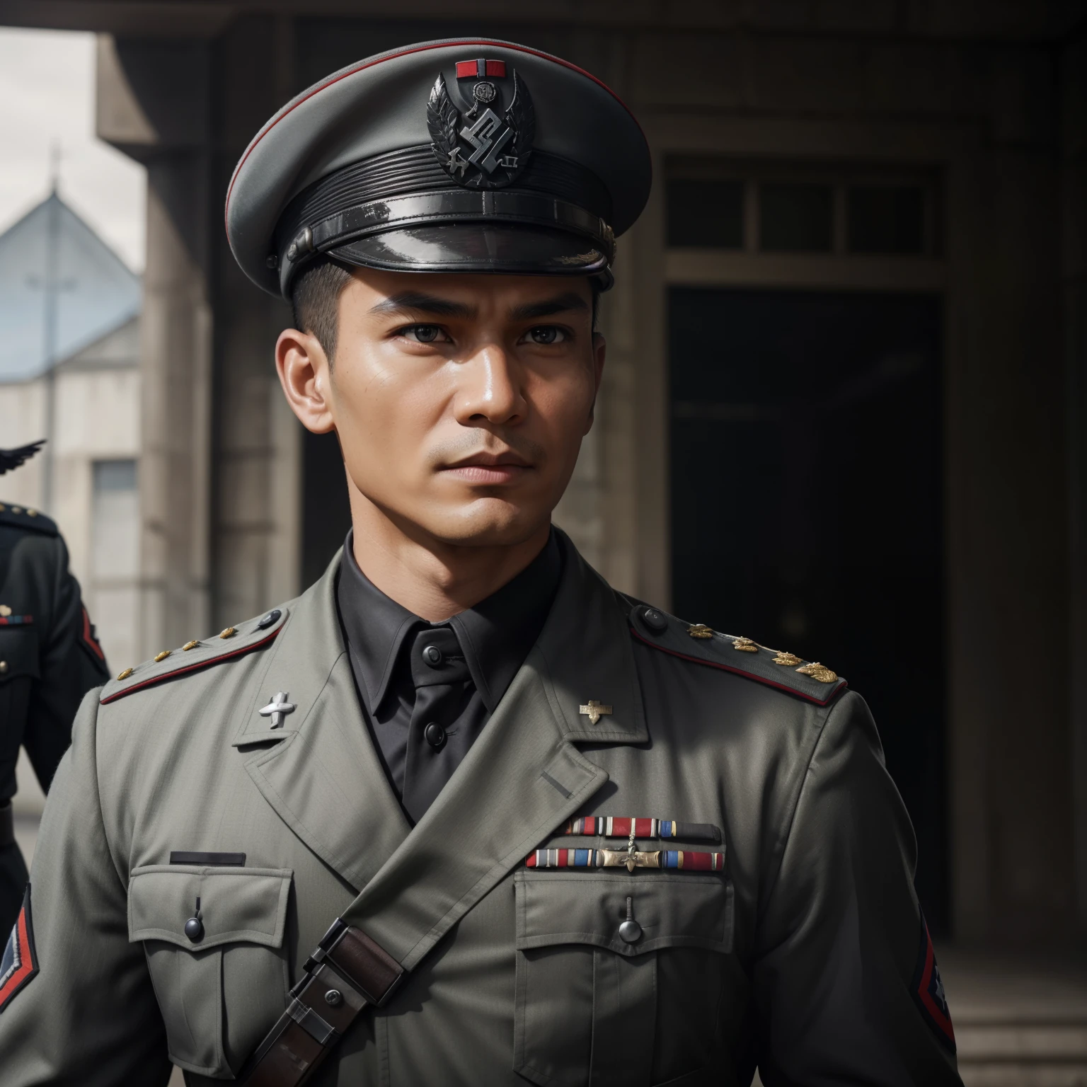 "Craft a vivid narrative depicting a strikingly handsome Indonesian military officer, his raven-black hair framing sharp features, during World War II. He serves in the Waffen-SS, clad in a steely grey uniform with a military cap adorning his head. Despite his alluring appearance, his demeanor is chillingly cold and lethal. Describe a scene where his ruthless efficiency and merciless nature are on display amidst the chaos of battle, capturing the essence of his character as a formidable and formidable figure on the battlefield." super fine face, super fine eyes, super fine nose, super fine mouth, perfect face, black uniform, uniform, ww2 soldier uniform, ww2 german soldier officer uniform, waffen ss uniform, Wehrmacht uniform, super realistic waffen ss uniform, passport photograph, weapon, rifle, machine gun, sub machine gun, assault rifle, super realistic weapon, super realistic gun, supe fine shoulder stock, raw photo, eyes facing the camera