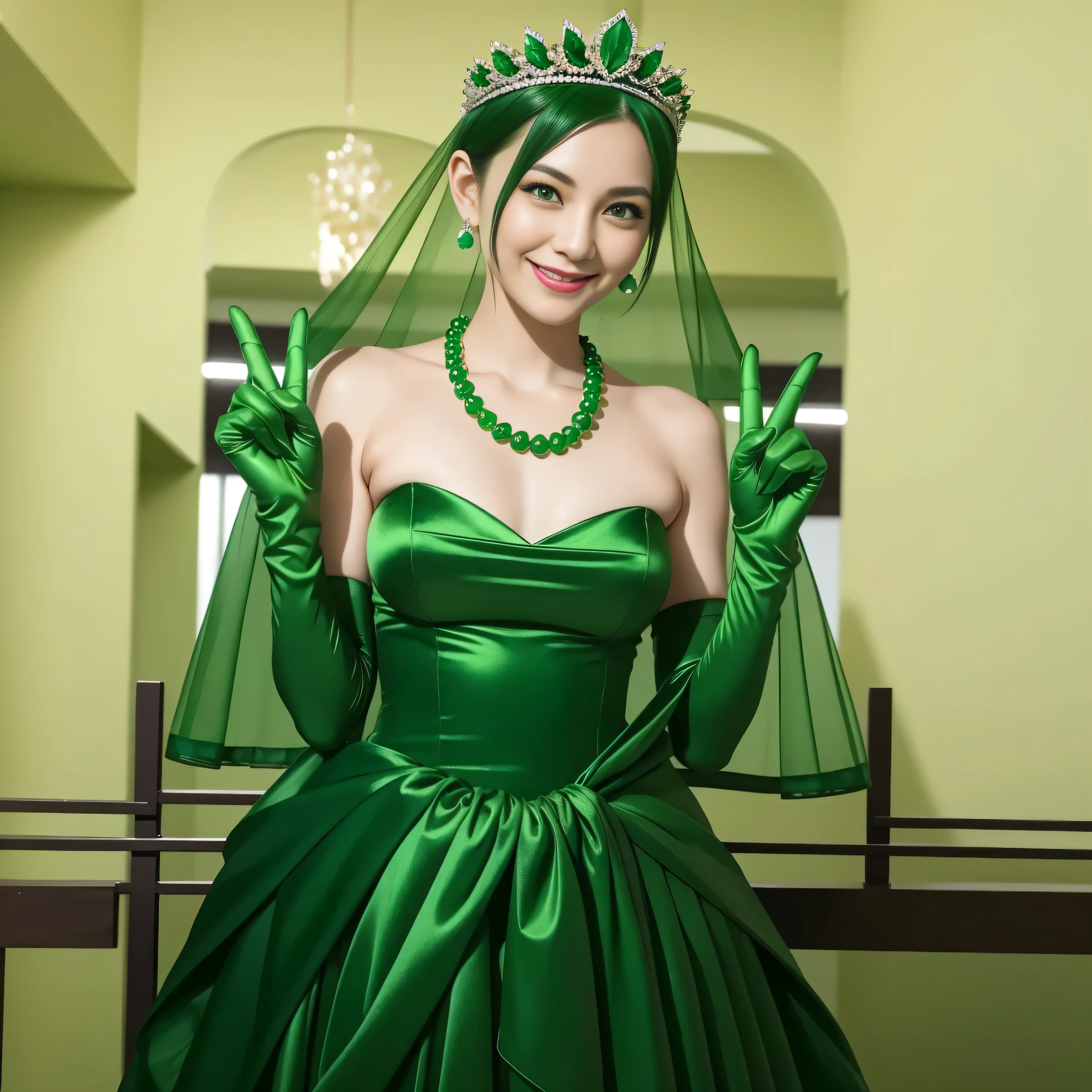 Emerald tiara, Green Pearl Necklace, Boyish very short green hair, lipstick, Smiling Japanese woman, Very short hair, Big and beautiful, Green Eyes, Long green satin gloves, Green Eyes, v sign, Emerald Earrings, Green veil