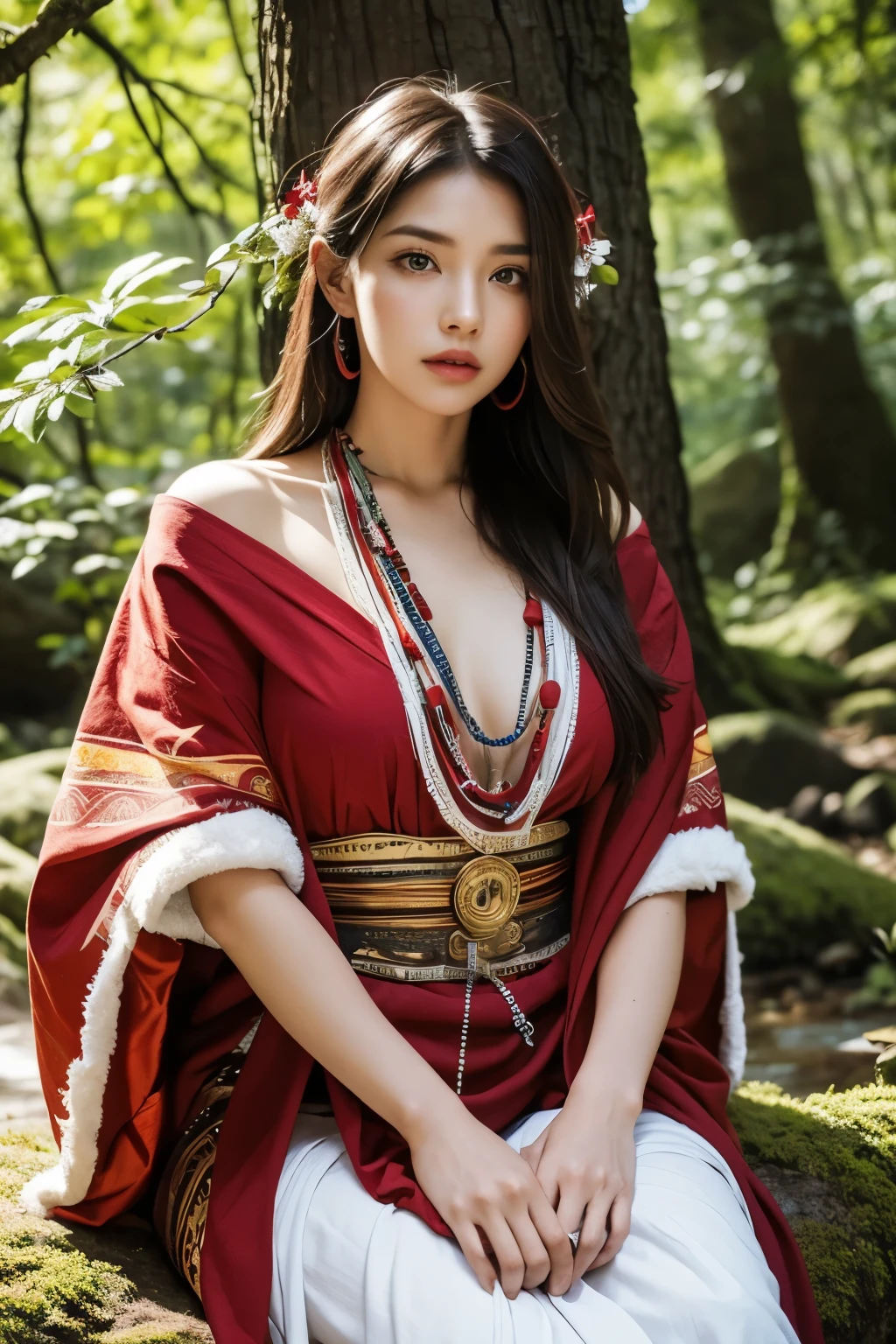 Background and model as is, Beautiful woman sitting quietly on a rock under a large tree in the forest, Dressed in red and white shaman clothes, magazine pose, (Highly detailed facial expressions),