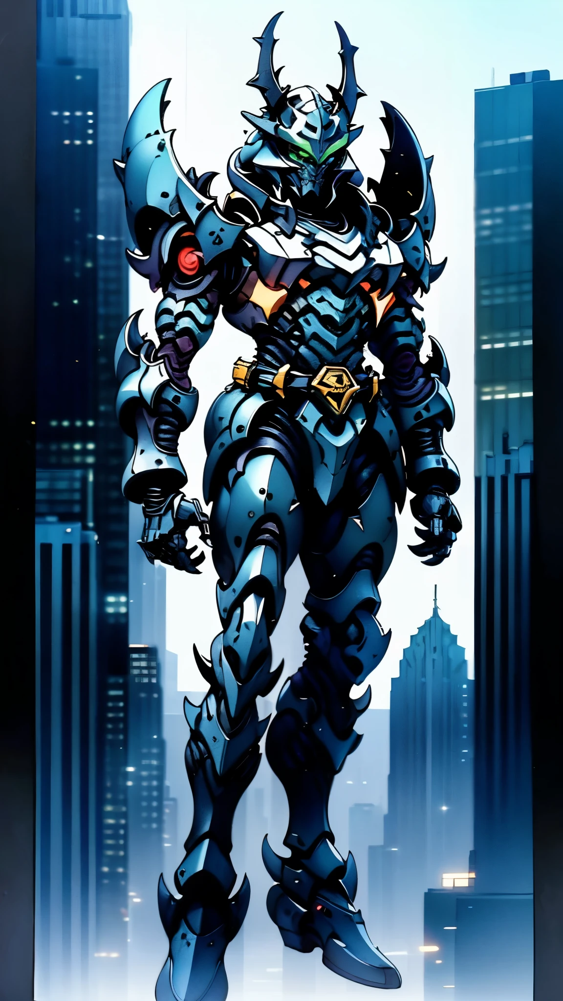 A man wearing a full-face helmet, a fantasy-style biotech armored combat suit, green eyes, (a composite layered chest armor), fully enclosed shoulder guards, matching arm and leg guards, the belt is adorned with fangs biting into gem, (the color scheme is primarily black with red accents), the design balances heavy with agility, a high-tech bio-mecha armor, (Armor Concept Inspired by Godzilla, stand on the top of a skyscraper in a futuristic sci-fi city), this character embodies a finely crafted fantasy-surreal style armored hero in anime style, exquisite and mature manga art style, (element, plasma, energy, the armor glows), ((male:1.5)), metallic, real texture material, dramatic, high definition, best quality, highres, ultra-detailed, ultra-fine painting, extremely delicate, professional, perfect body proportions, golden ratio, anatomically correct, symmetrical face, extremely detailed eyes and face, high quality eyes, creativity, RAW photo, UHD, 32k, Natural light, cinematic lighting, masterpiece-anatomy-perfect, masterpiece:1.5
