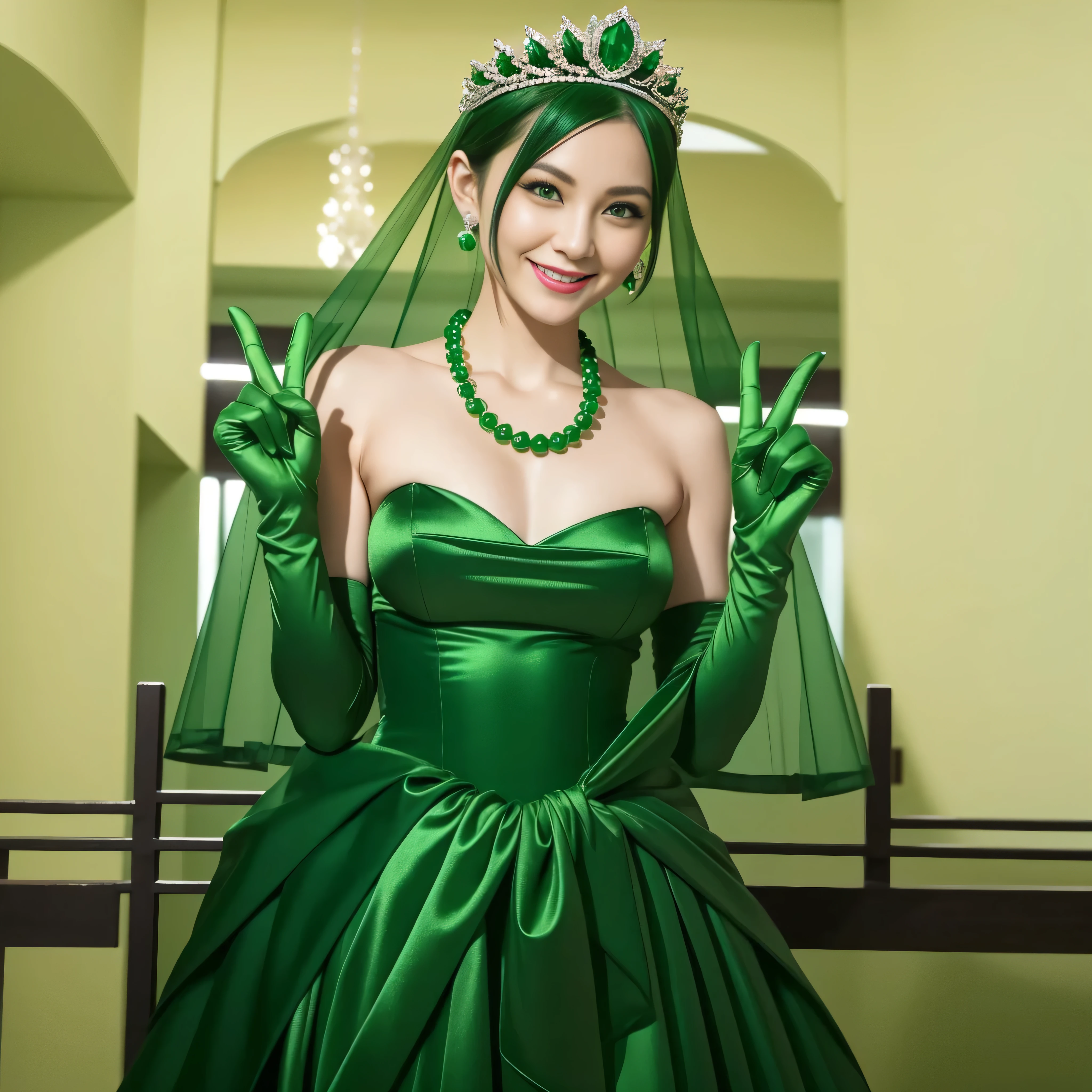 Emerald tiara, Green Pearl Necklace, Boyish very short green hair, lipstick, Smiling Japanese woman, Very short hair, Big and beautiful, Green Eyes, Long green satin gloves, Green Eyes, v sign, Emerald Earrings, Green veil