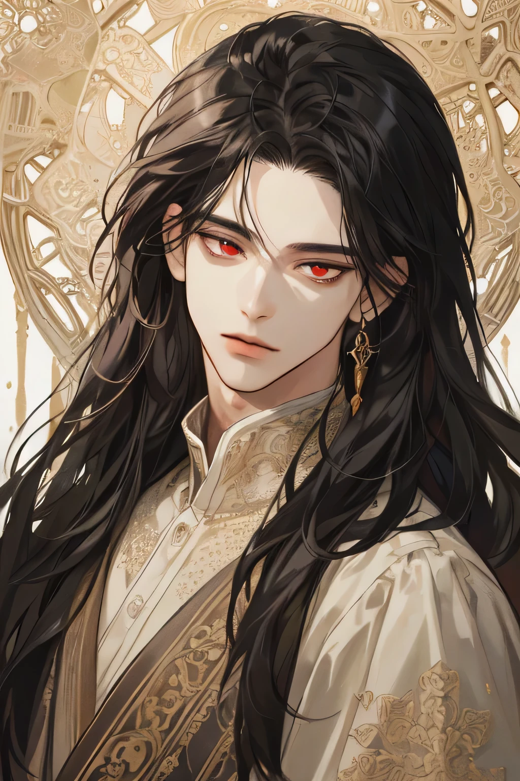 (extreamly delicate and beautiful:1.2), 8K,(masterpiece:1.0),(best_quality:1.0), 1 boy, and intricate detailing, Enlarged textures, and intricate detailing, finely eye and detailed face, and intricate detailing, shiraga, black long hair, (closed mouths), Perfect eyes, Equal eyes, red eyes (A male god) with (masterpiece), best quality, look at view