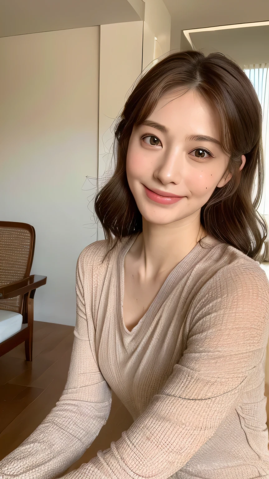 ((highest quality, 8k, masterpiece: 1.3)), 1 female, Japanese Mature,Sensual beauty: 1.3, (Hair style Brown hair Medium wave, big: 1.2), Open-necked loungewear: 1.2, Super slender face, Delicate eyes, double eyelid, Dimples,Mole, Home,relax,Laughter,Half Squat,