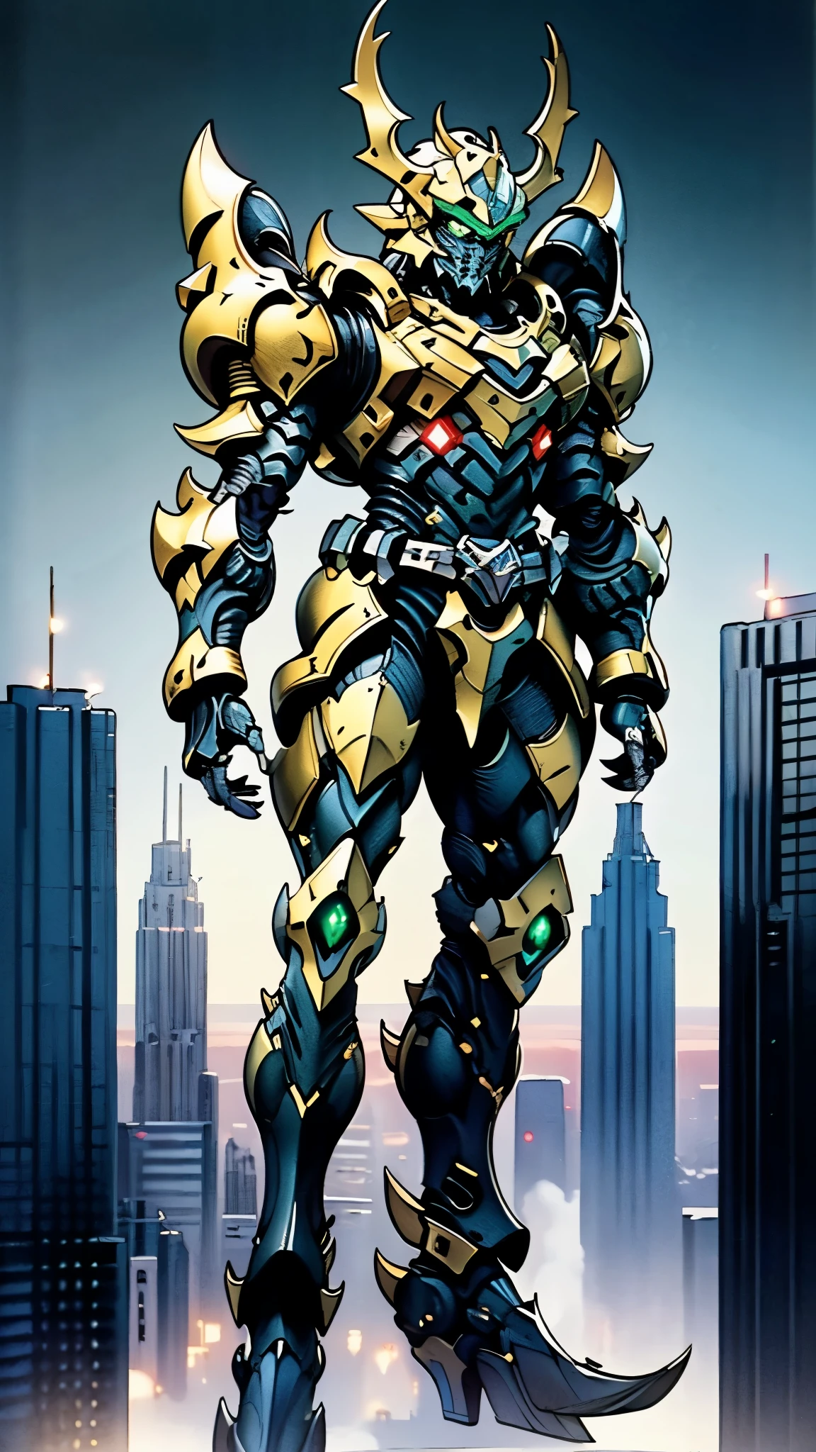 A man wearing a full-face helmet, a fantasy-style biotech armored combat suit, green eyes, (a composite layered chest armor), fully enclosed shoulder guards, matching arm and leg guards, the belt is adorned with fangs biting into gem, (the color scheme is primarily black with red accents), the design balances heavy with agility, a high-tech bio-mecha armor, (Armor Concept Inspired by Godzilla, stand on the top of a skyscraper in a futuristic sci-fi city), this character embodies a finely crafted fantasy-surreal style armored hero in anime style, exquisite and mature manga art style, (element, plasma, energy, the armor glows), ((male:1.5)), metallic, real texture material, dramatic, high definition, best quality, highres, ultra-detailed, ultra-fine painting, extremely delicate, professional, perfect body proportions, golden ratio, anatomically correct, symmetrical face, extremely detailed eyes and face, high quality eyes, creativity, RAW photo, UHD, 32k, Natural light, cinematic lighting, masterpiece-anatomy-perfect, masterpiece:1.5