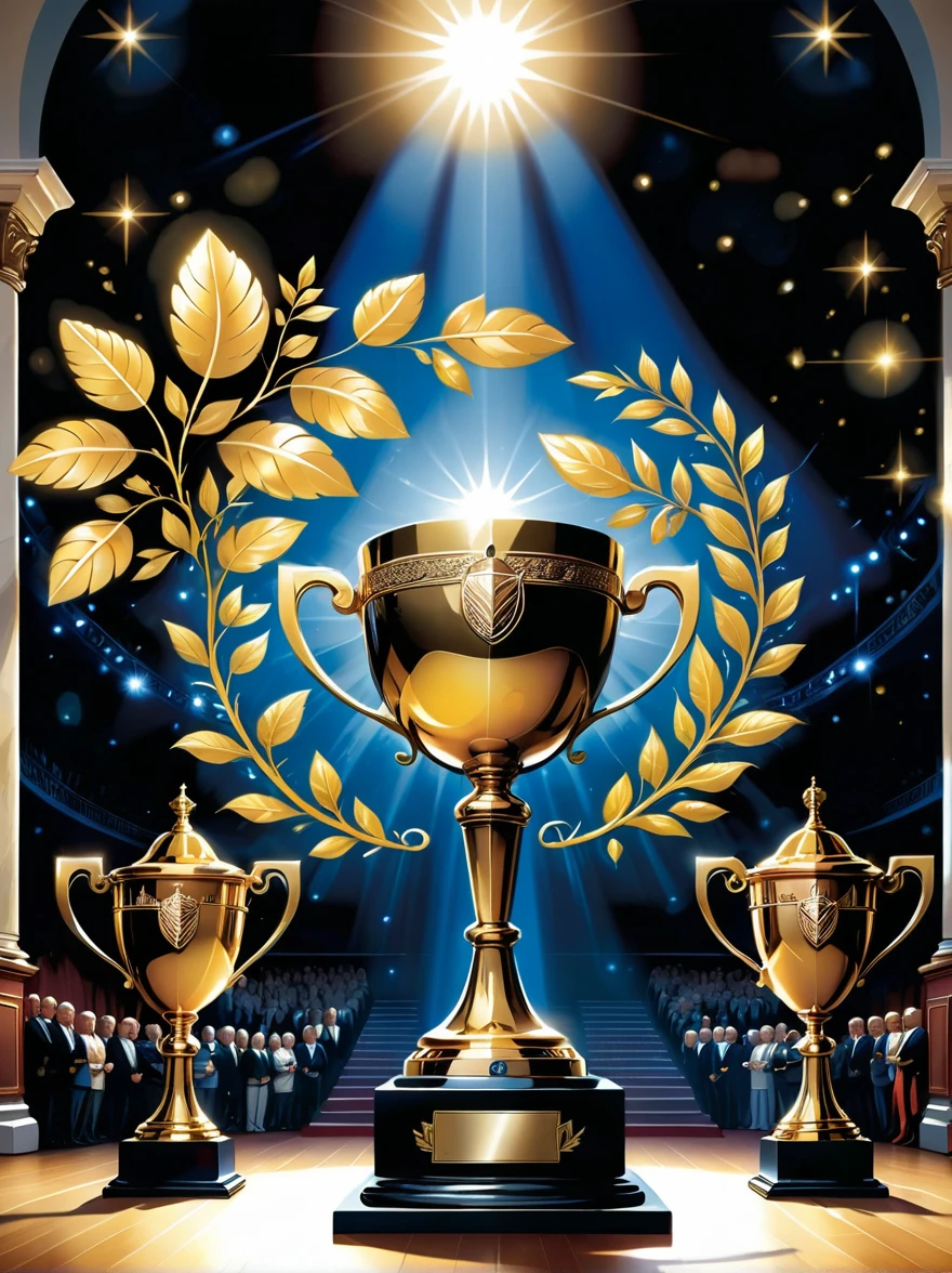 Design related to a champion. The image should depict a golden trophy adorned with laurel leaves, symbolic of victory and achievement. In the background, a giant number one, shining with radiant yellow light, symbolizing first place or victorious status. Complex arabesque designs etch the base of the trophy, highlighting the grandeur and magnificence of a champion's position. The scene is set on a grand podium with lights pointing towards the trophy, casting a dramatic shadow, emphasizing the importance of being a champion.