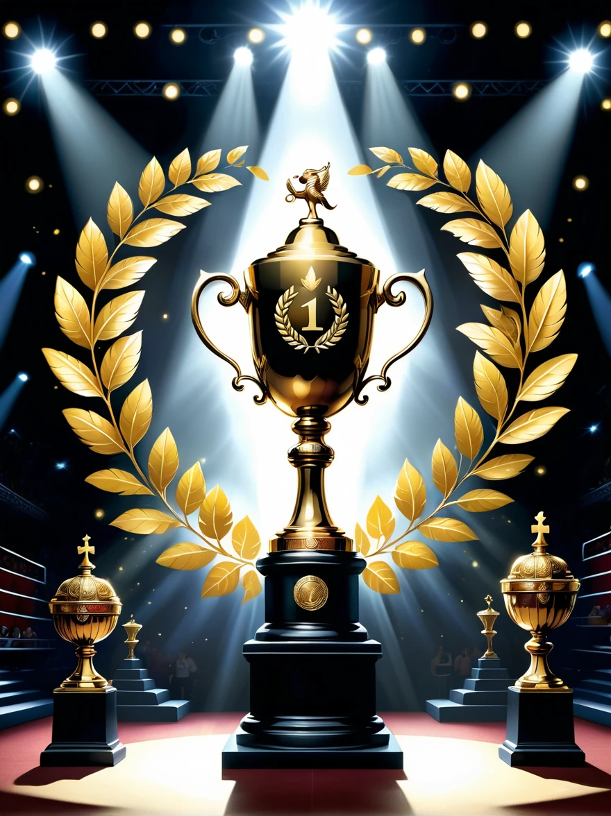 Design related to a champion. The image should depict a golden trophy adorned with laurel leaves, symbolic of victory and achievement. In the background, a giant number one, shining with radiant yellow light, symbolizing first place or victorious status. Complex arabesque designs etch the base of the trophy, highlighting the grandeur and magnificence of a champion's position. The scene is set on a grand podium with lights pointing towards the trophy, casting a dramatic shadow, emphasizing the importance of being a champion.