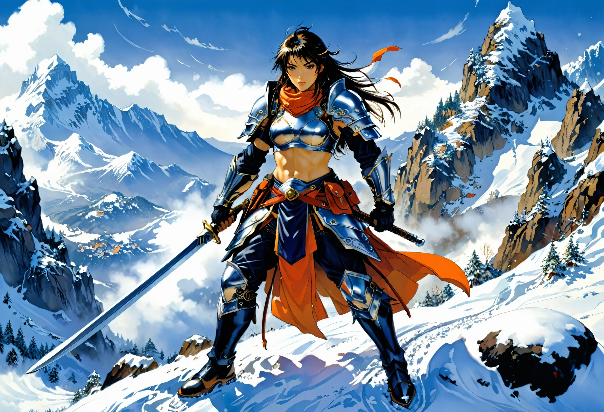 A warrior in the snow mountain, art by Masamune Shirow