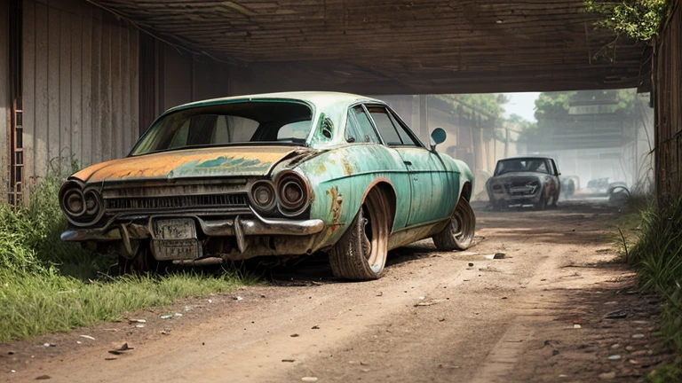 Abandoned carros, metal enferrujado escuro, danificado (quebrado,naufragado) carros, weeds are growing