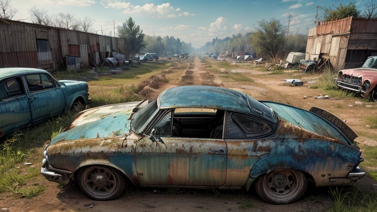 Abandoned carros, metal enferrujado escuro, danificado (quebrado,naufragado) carros, weeds are growing