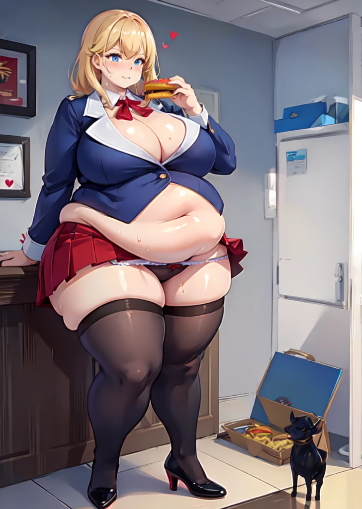 High quality, full body photo of a beautiful sexy secretary wearing extremely short skirt and seamed stockings, ((solo)), adult, high heels, craves sex, sweaty, eating at McDonalds, beautiful face, stunning blue eyes, massive painfully overstuffed bloated distended bulging heavy obese belly, panties visible under skirt, revealing skirt, shes binge eating, weight gain, very wide fat hips, fat thick thighs, massive wide fat round heart shaped shelf bubble butt, massive fat heavy breasts, very deep cleavage, tight uniform,