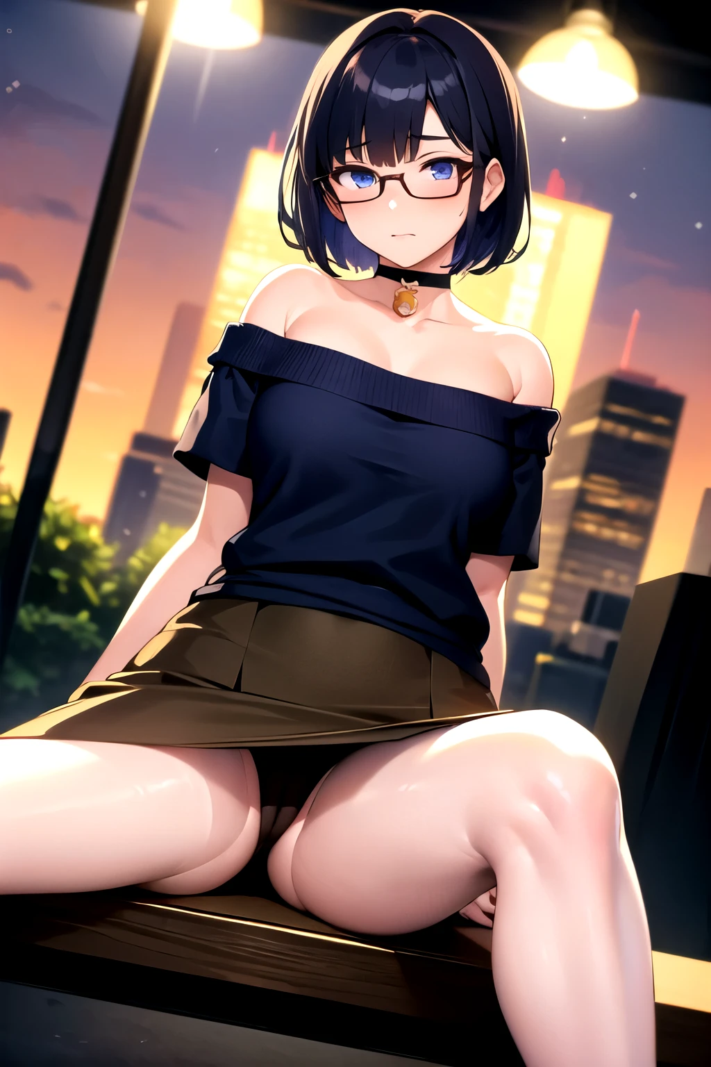 masterpiece, best quality, wallpaper, 1girl, purple short hair, black hair, sky blue eyes, hair accessories, cute, innocent, off-shoulder sweater, , brown tight skirt, 35 years old female, innocent, safe for work, wholesome, city streets, night, fashion, mature face, mature body, slender body, slender legs, medium breast, sitting pose, front view, embarrassed face, front view, low angle, pantyhose, off-shoulder sweater, glasses, perfect hands, panty visible, sitting, underwear visible, lifting skirt up, wearing choker, moe,